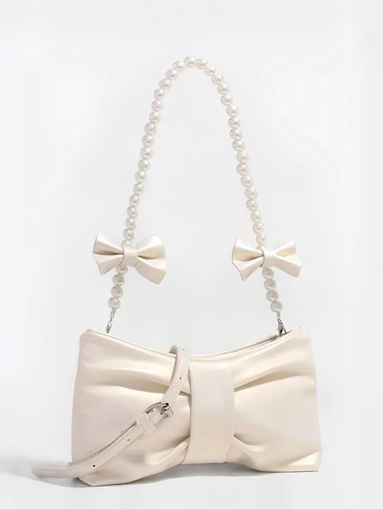 'Blur' Coquette Bowtie Shape Pearl Straps Crossbody Bag