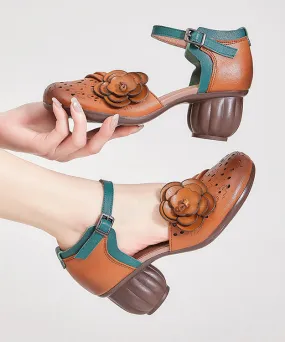 Boho Hollow Out Floral Chunky Heel Buckle Strap Brown Cowhide Leather CZ1033