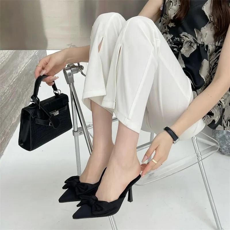 Butterfly-Knot Bow Pointed Toe High Heel Mules