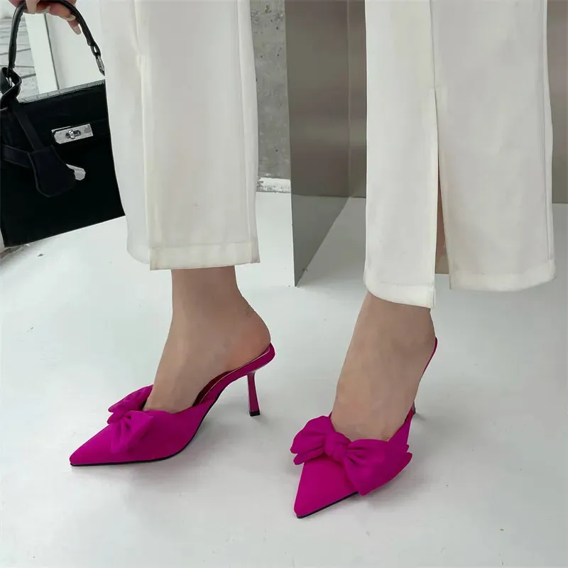 Butterfly-Knot Bow Pointed Toe High Heel Mules