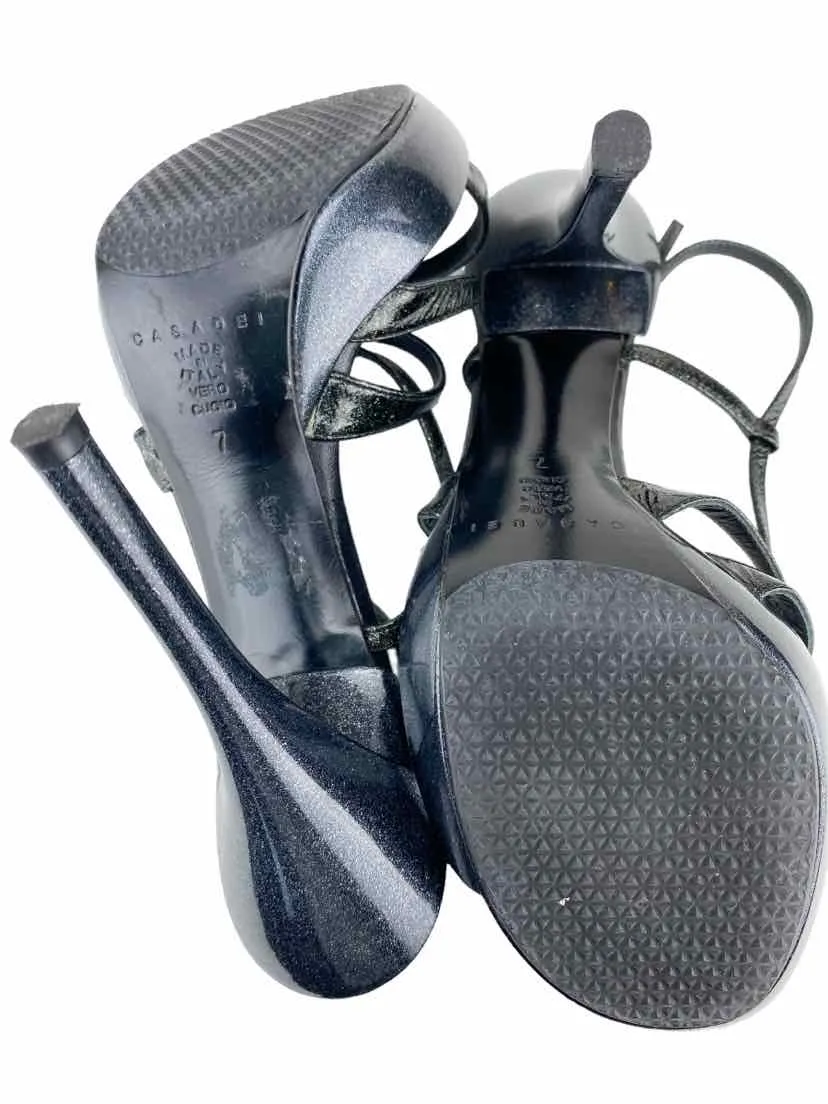 Casadei Women's Strappy Platform Sparkle Sandal Pewter Size 7