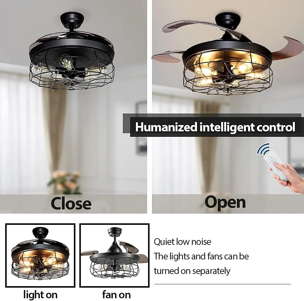 Ceiling Fan with Lights, 42 Industrial Ceiling Fan with Retractable Blades and Remote