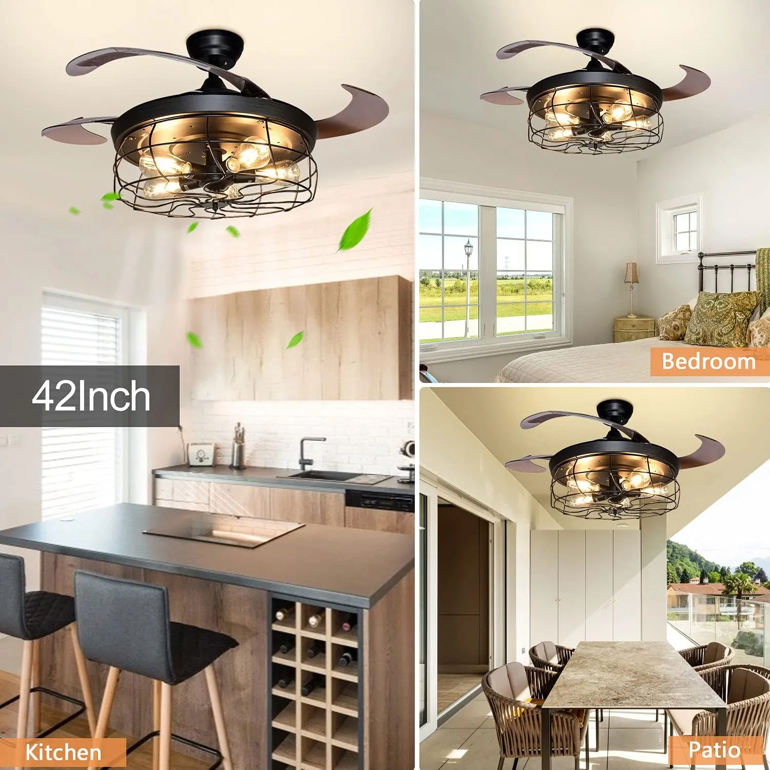 Ceiling Fan with Lights, 42 Industrial Ceiling Fan with Retractable Blades and Remote