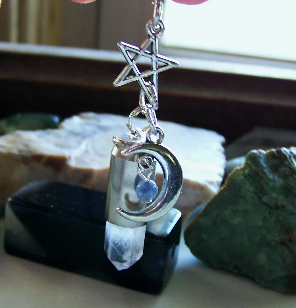 Celestial Quartz Crystal Moon and Star Silver Bullet Pendant