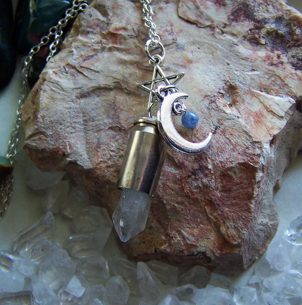 Celestial Quartz Crystal Moon and Star Silver Bullet Pendant