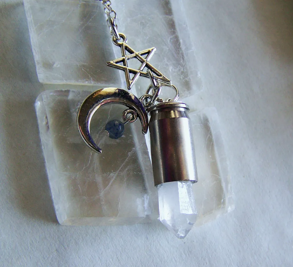 Celestial Quartz Crystal Moon and Star Silver Bullet Pendant