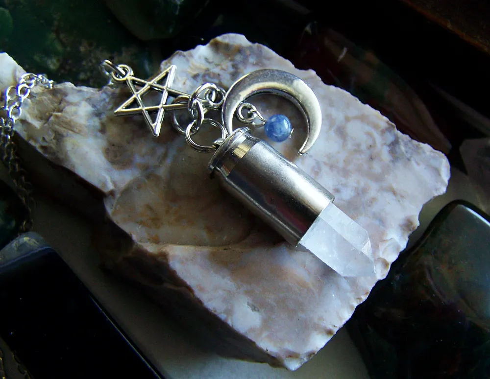 Celestial Quartz Crystal Moon and Star Silver Bullet Pendant