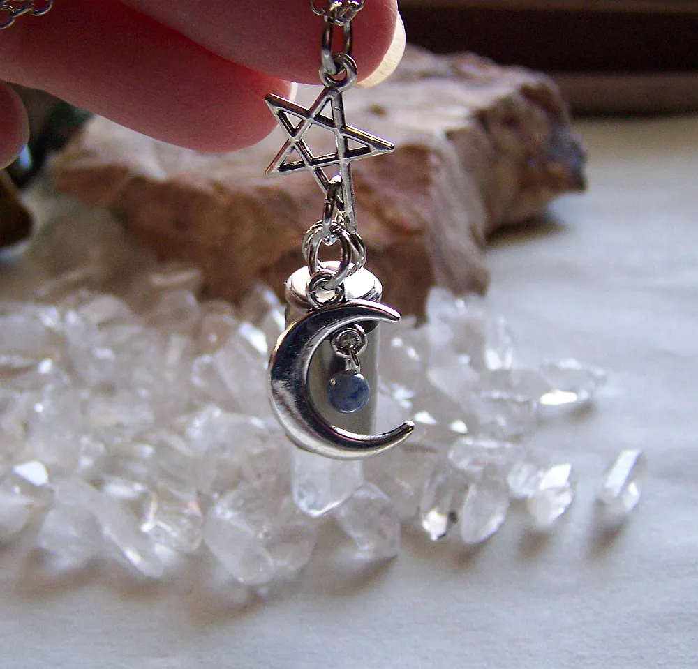 Celestial Quartz Crystal Moon and Star Silver Bullet Pendant