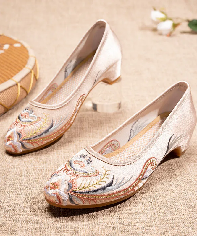 Chic Splicing Pointed Toe Chunky Beige Satin Embroideried LY7693