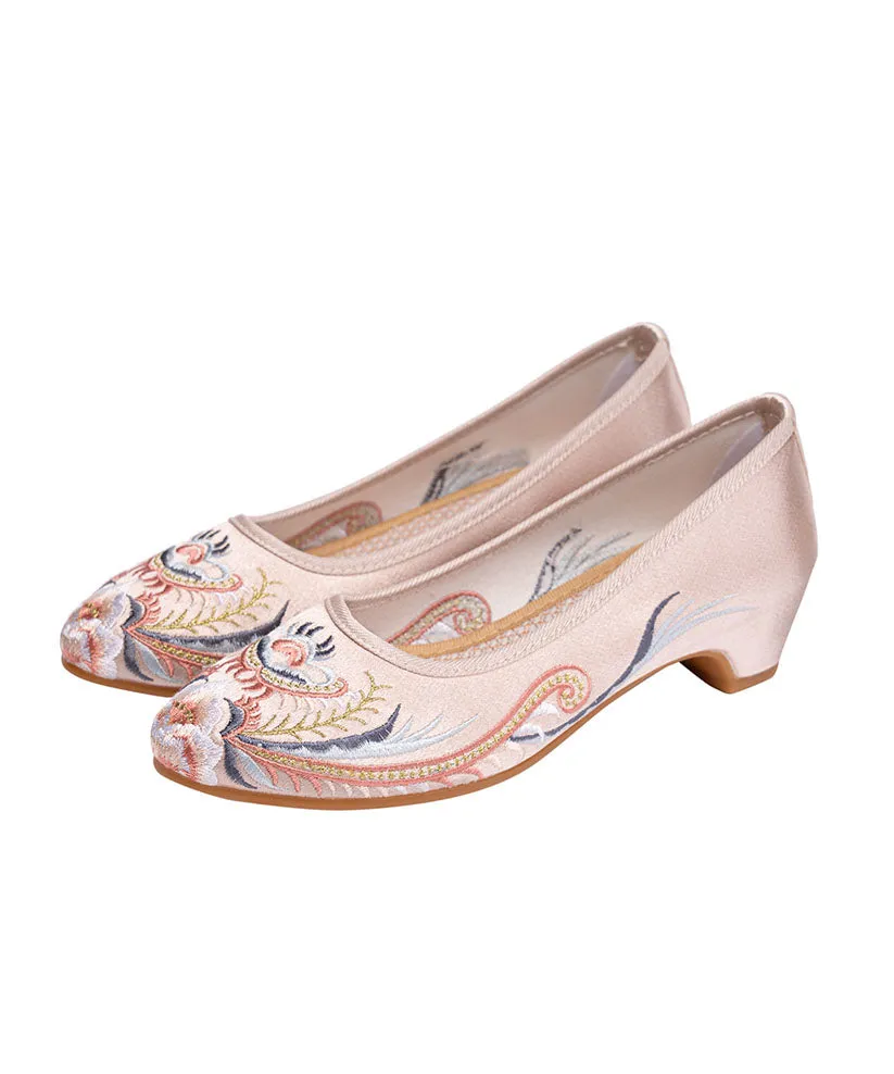 Chic Splicing Pointed Toe Chunky Beige Satin Embroideried LY7693