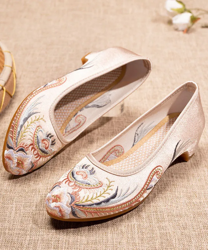 Chic Splicing Pointed Toe Chunky Beige Satin Embroideried LY7693