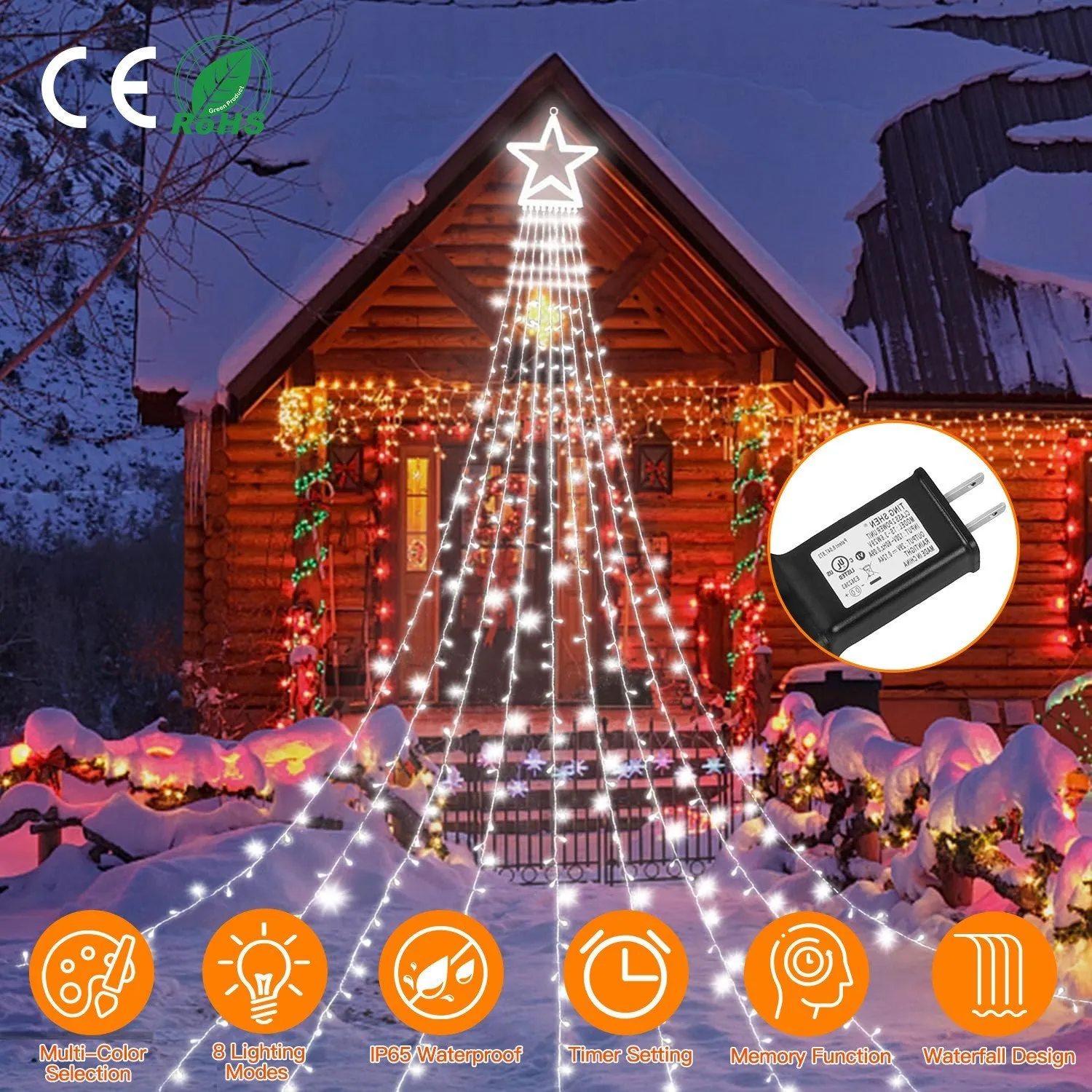 Christmas Hanging Waterfall String Light with Topper Star IP65 Waterproof Outdoor Plug In Fairy Waterfall Tree Light with 8 Lighting Modes Timer Memory Function