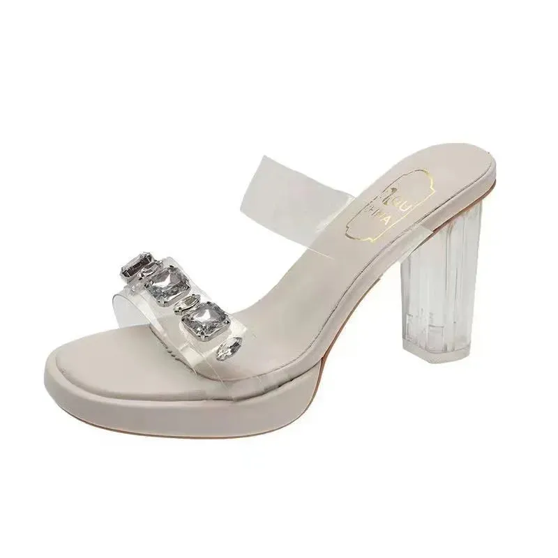 Chunky Platform High Heels Sandals Women Summer 2024 Shiny Crystal Transparent Pvc Sandals Woman Clear Thick Heeled Party Shoes