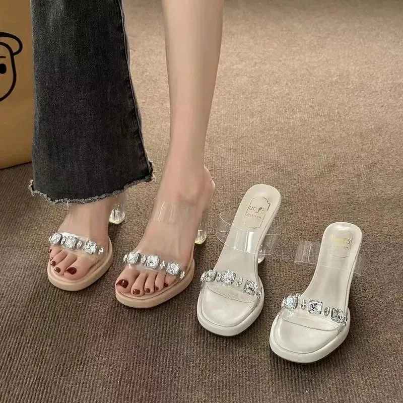 Chunky Platform High Heels Sandals Women Summer 2024 Shiny Crystal Transparent Pvc Sandals Woman Clear Thick Heeled Party Shoes