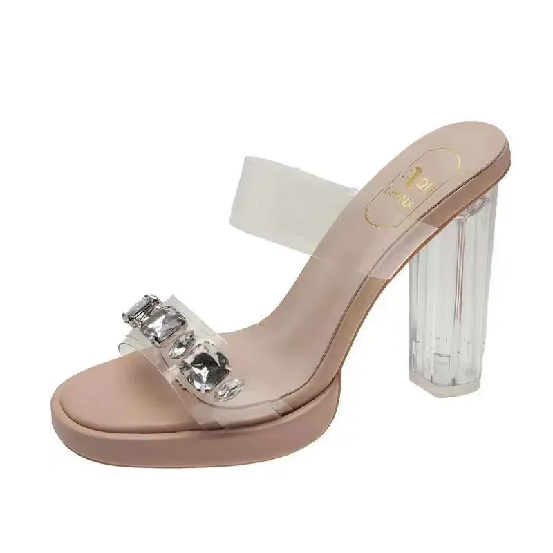 Chunky Platform High Heels Sandals Women Summer 2024 Shiny Crystal Transparent Pvc Sandals Woman Clear Thick Heeled Party Shoes