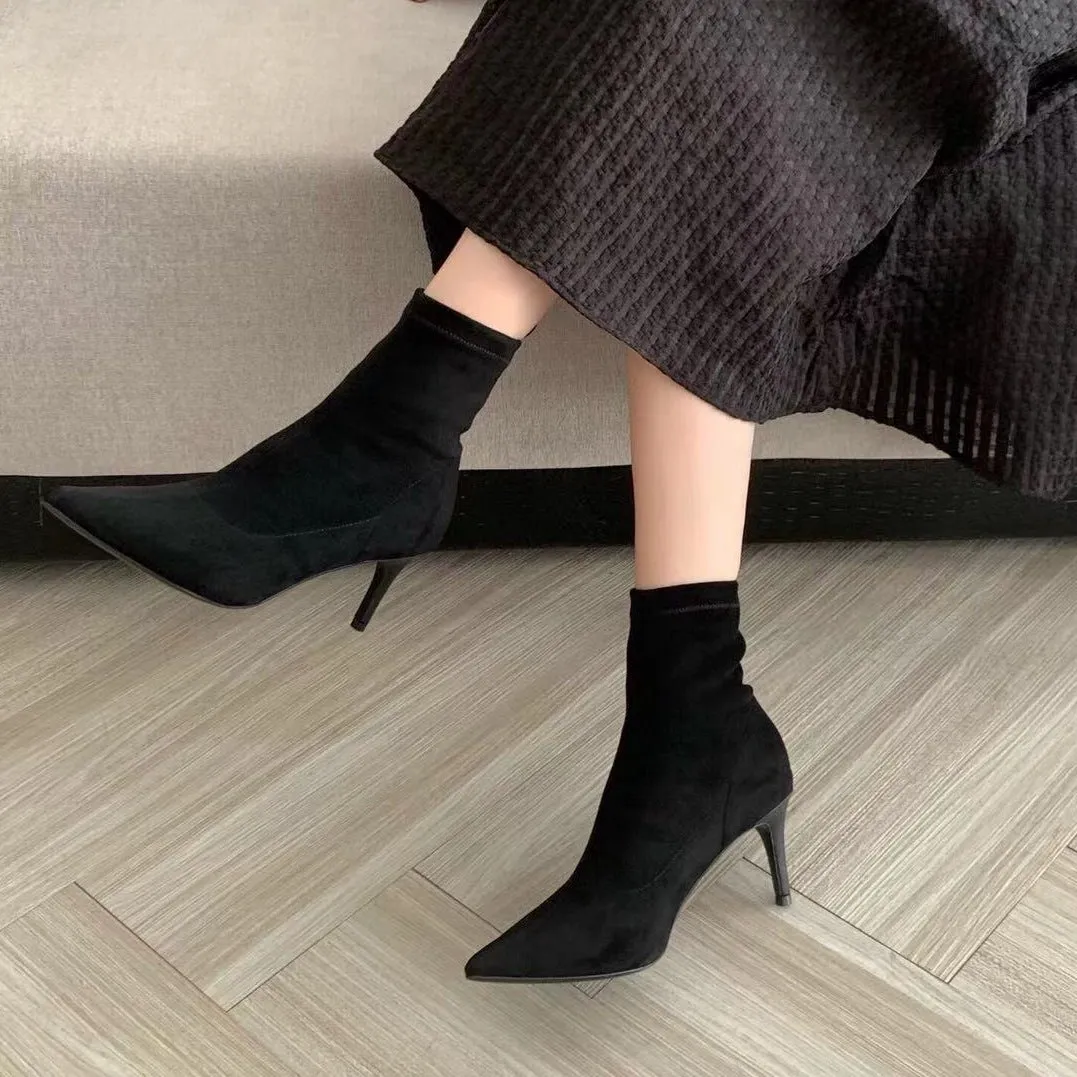 Classic Point Toe Sock Boots High Heel Stretch Boots Elastic Suede Handmade Black/Brown