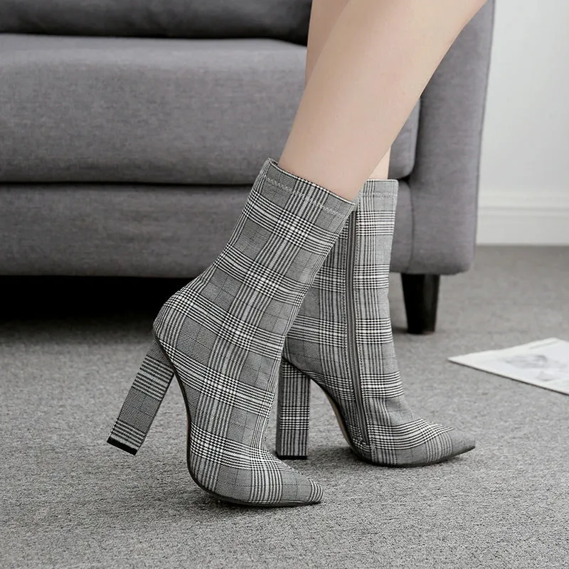 Cotton Fabric Slim Pointed Toe Square Heels Women Ankle Boots