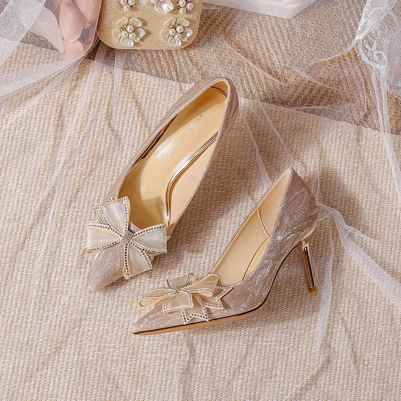 Crystal Bow-Knot Thin Heel Shoes