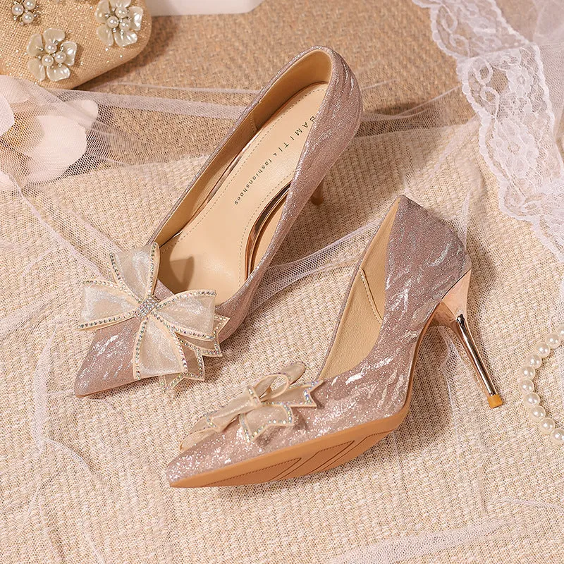 Crystal Bow-Knot Thin Heel Shoes