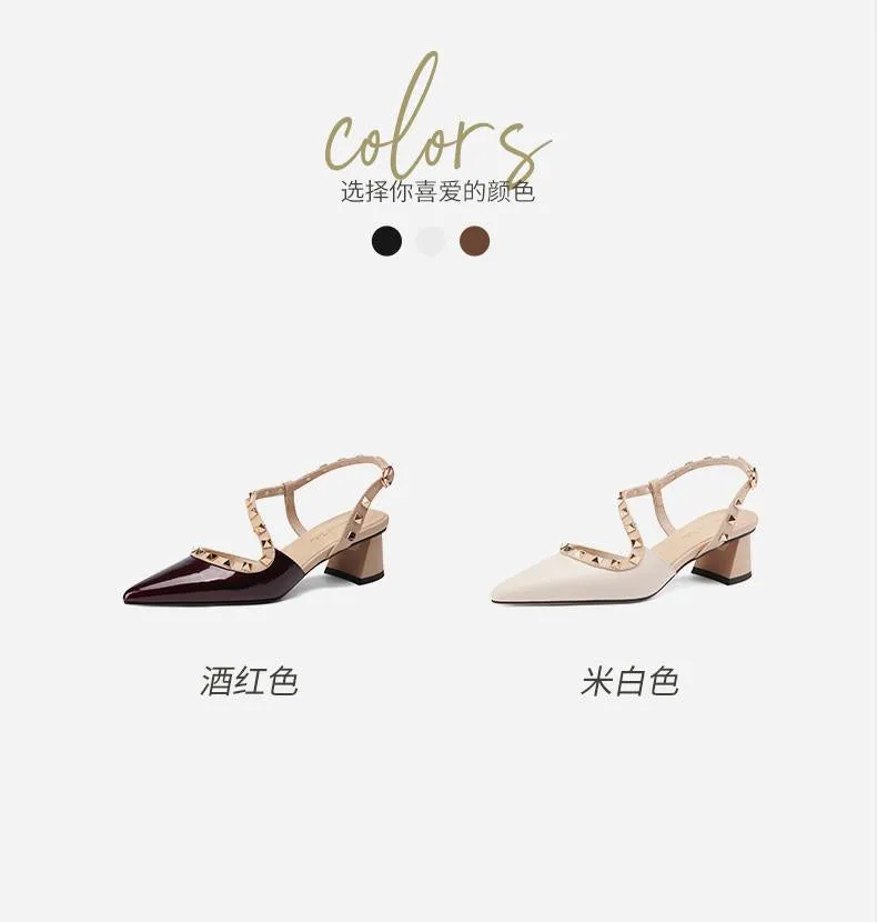 DEANWANGK  This Year's Popular Closed Toe Sandals for Women  Spring and Summer New Women's Mid Heel Pointed Toe Slingback Chunky Heel Rivet High Heels