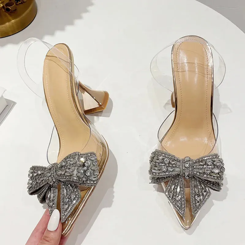 deanwangkt Fashion Crystal Sequined Bowknot Women Pumps Sexy Pointed Toe High Heels Wedding Prom Shoes Ladies PVC Transparent Sandals