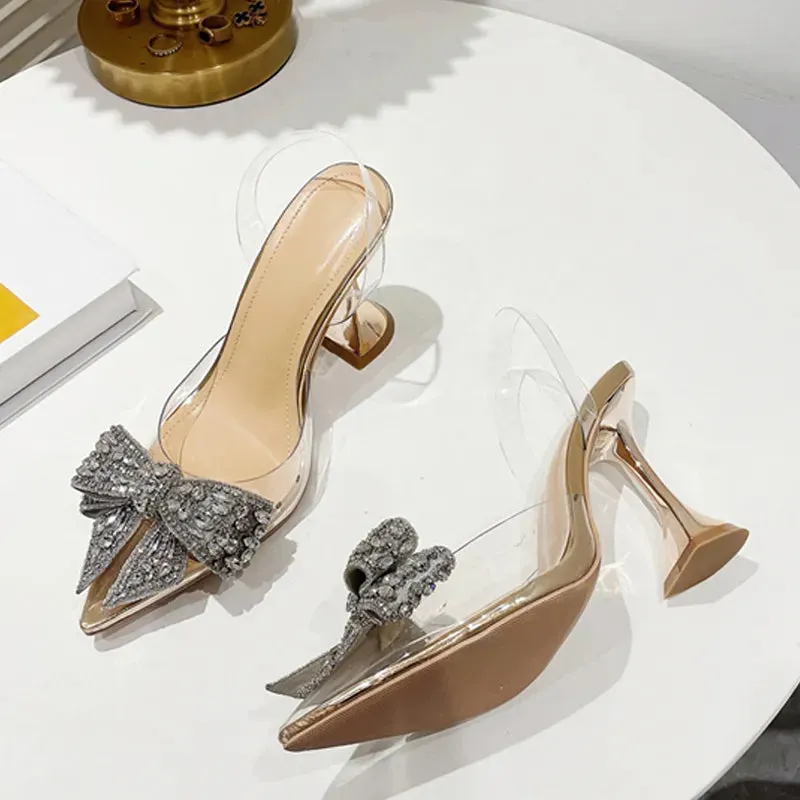 deanwangkt Fashion Crystal Sequined Bowknot Women Pumps Sexy Pointed Toe High Heels Wedding Prom Shoes Ladies PVC Transparent Sandals