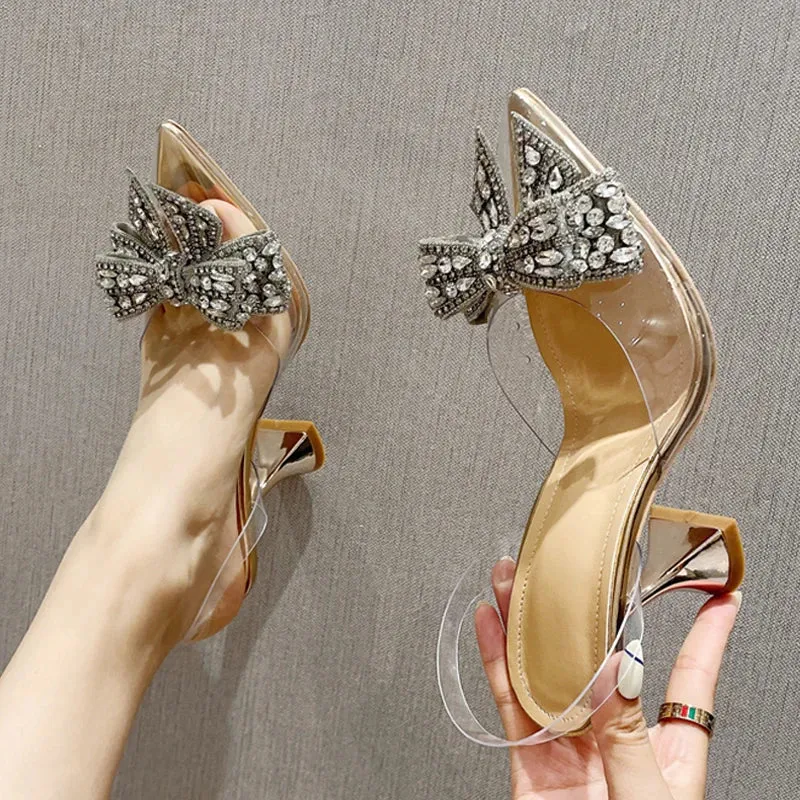 deanwangkt Fashion Crystal Sequined Bowknot Women Pumps Sexy Pointed Toe High Heels Wedding Prom Shoes Ladies PVC Transparent Sandals