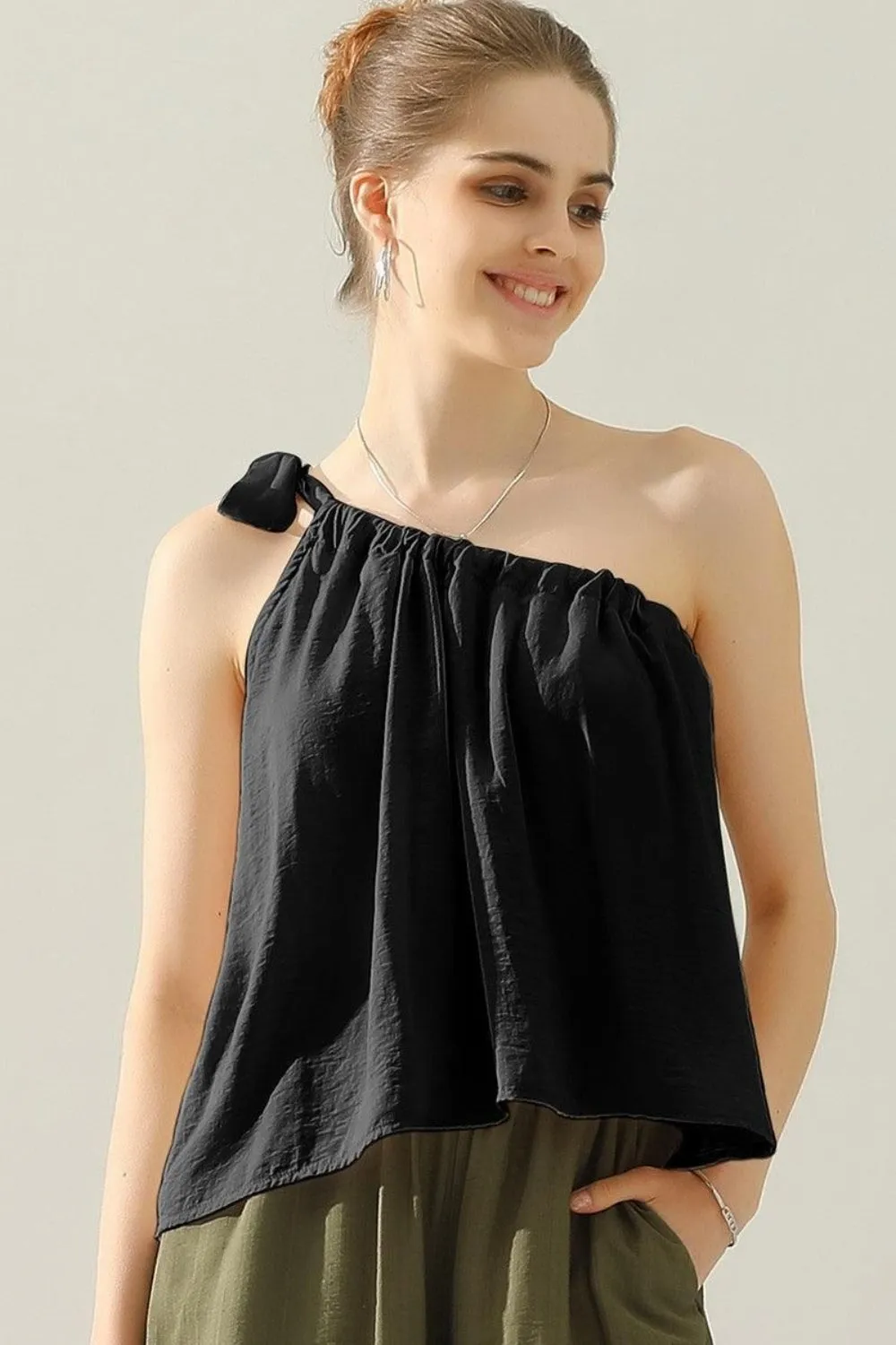 Demi - One Shoulder Bow Tie Strap Satin Silk Top - Exclusively Online