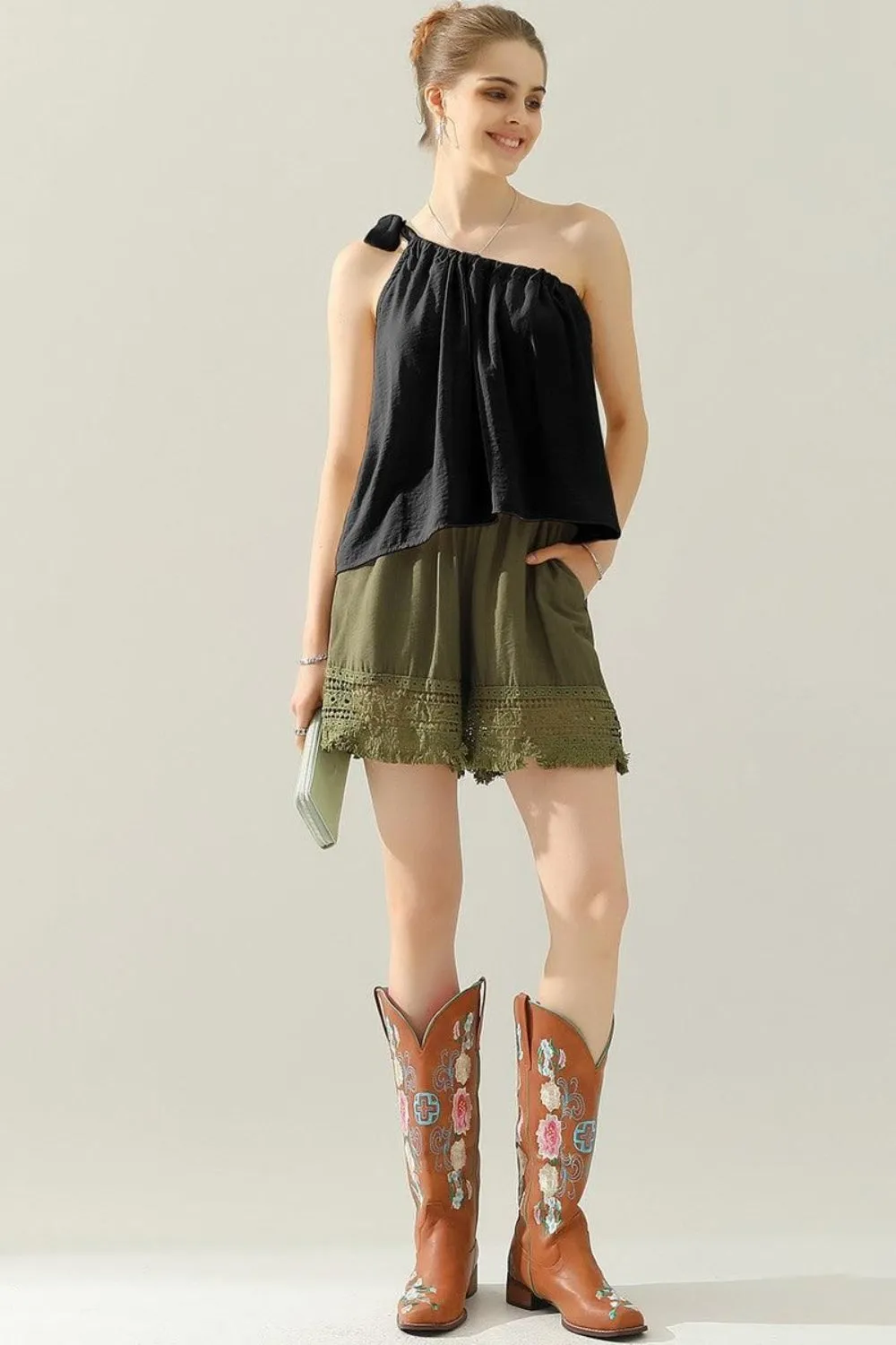 Demi - One Shoulder Bow Tie Strap Satin Silk Top - Exclusively Online