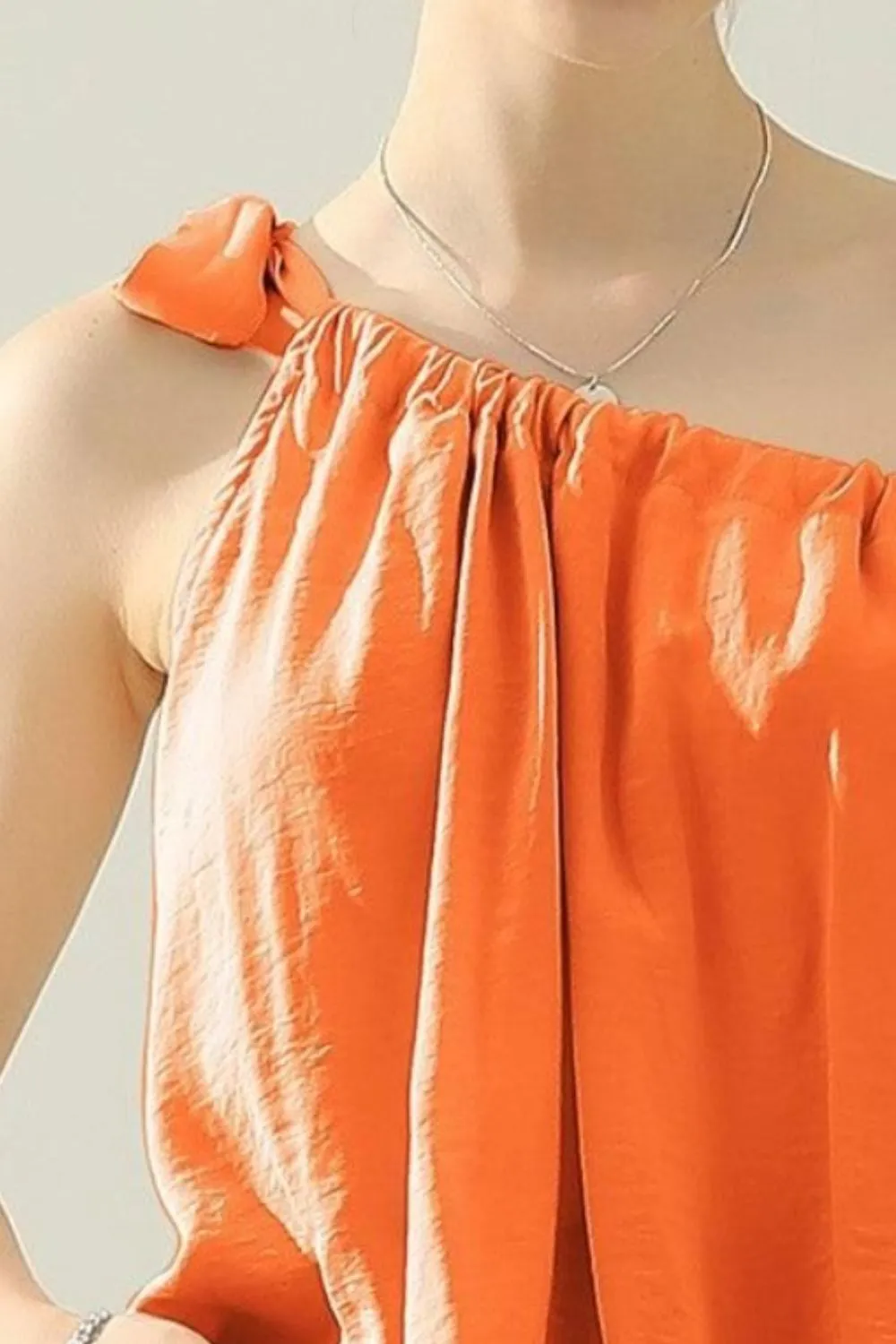 Demi - One Shoulder Bow Tie Strap Satin Silk Top - Exclusively Online