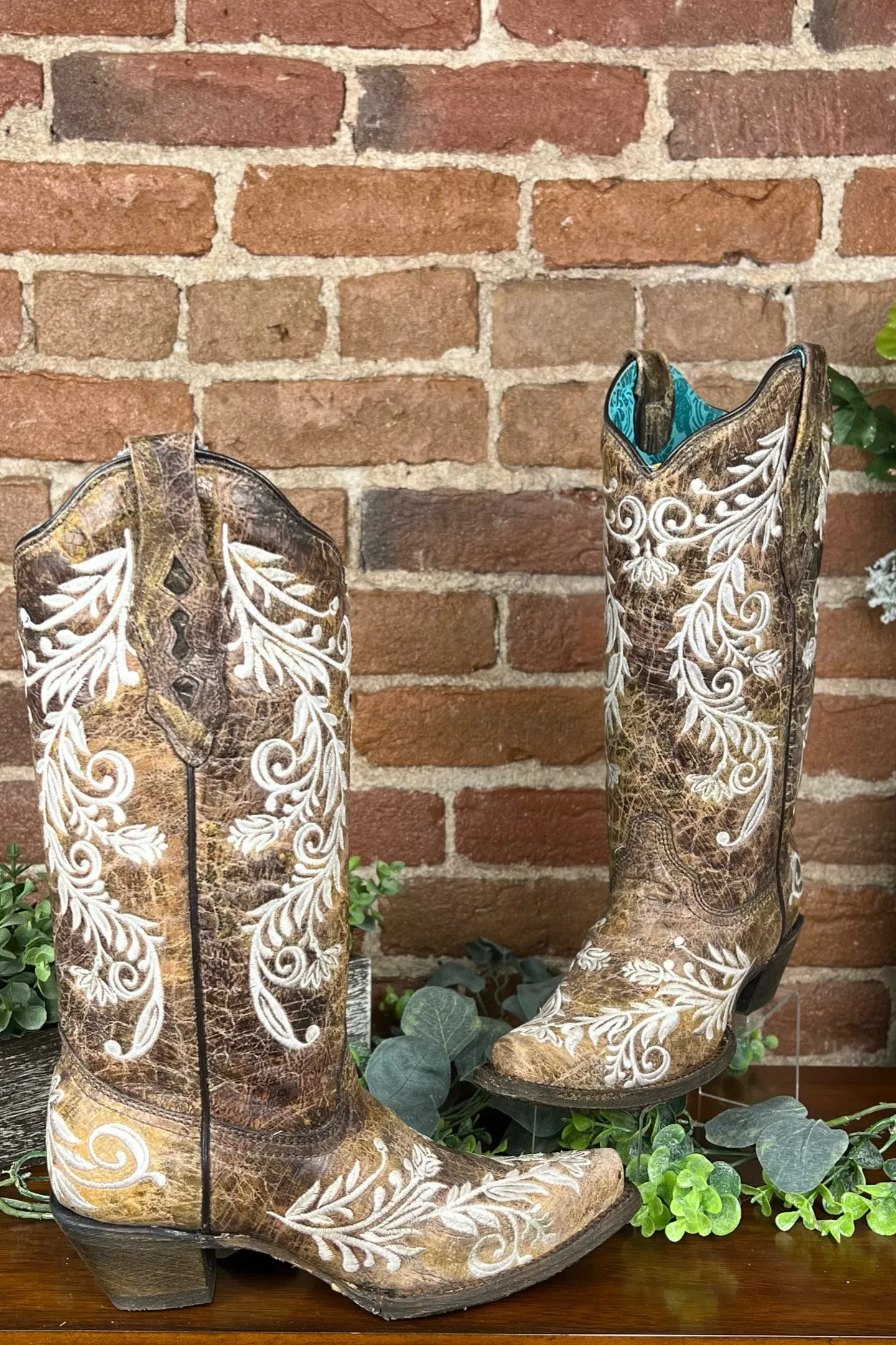 Distressed Brown Leather Snip Toe Boot with Embroidery by Corral Boots