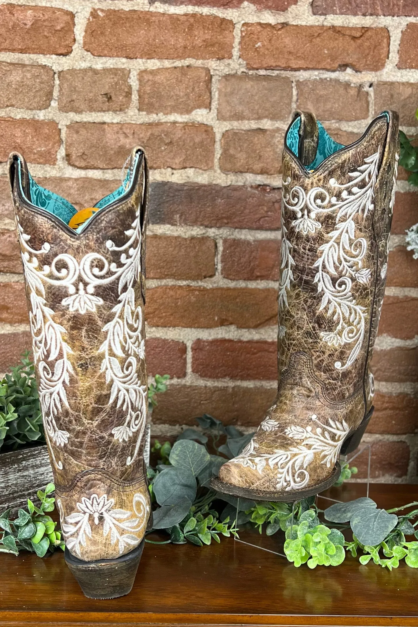 Distressed Brown Leather Snip Toe Boot with Embroidery by Corral Boots