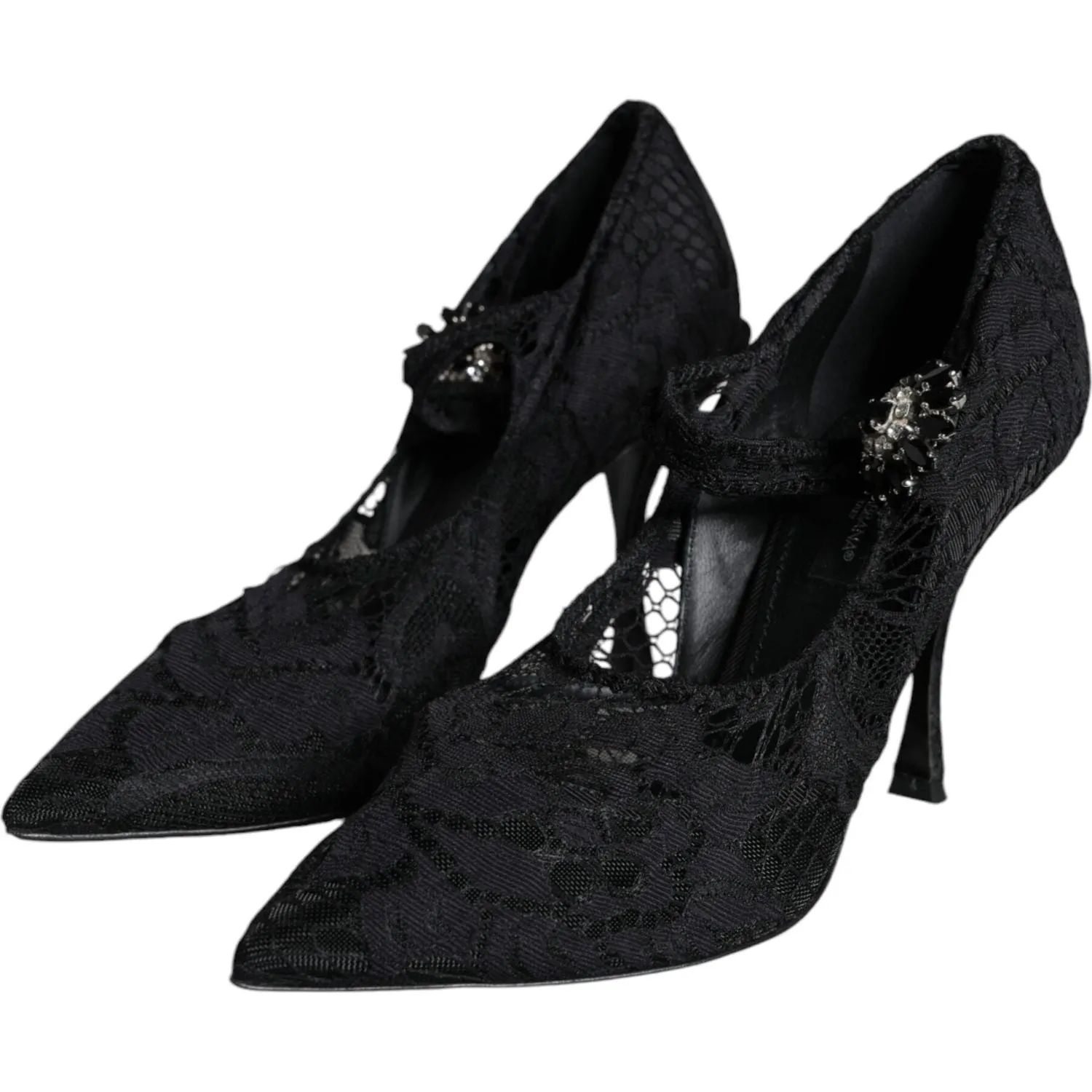 Dolce & Gabbana Black Mary Jane Pumps Lace Crystals Heels Shoes