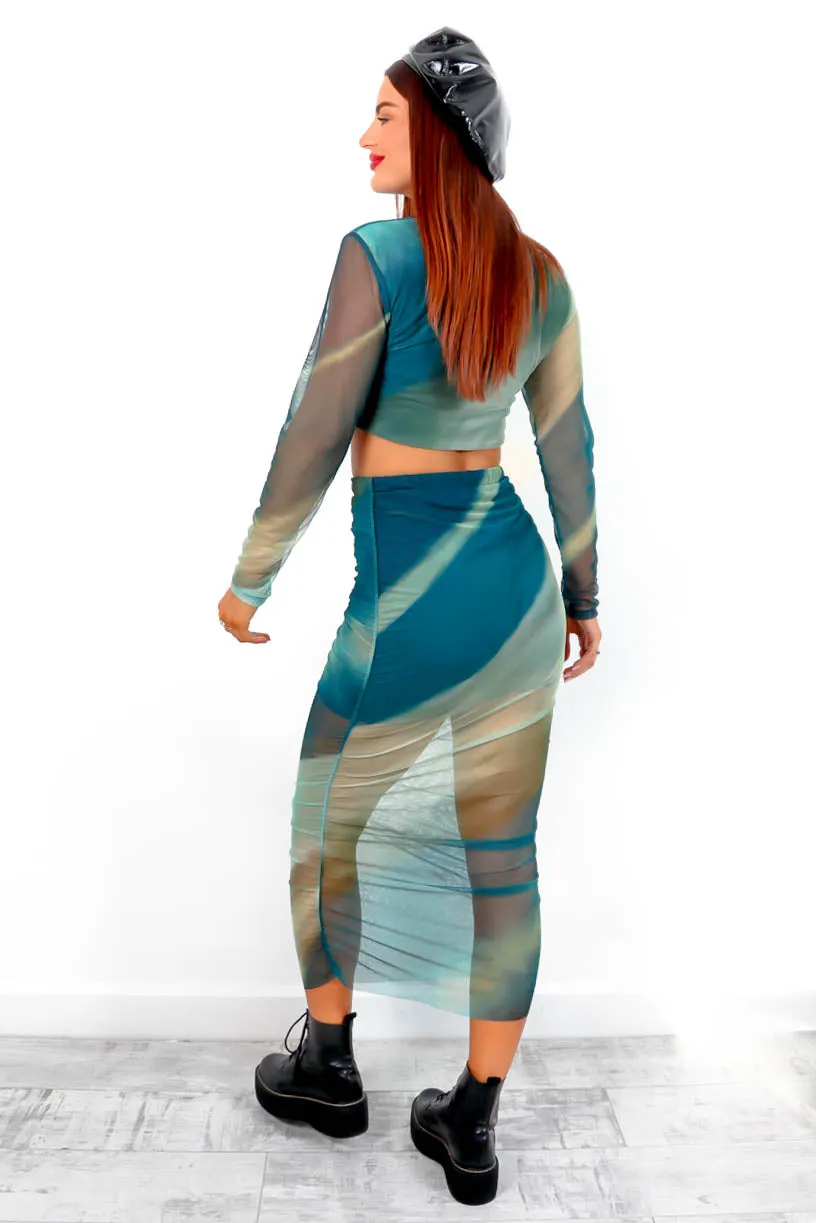 Double Booked - Green Tie Dye Mesh Midi Co-ord