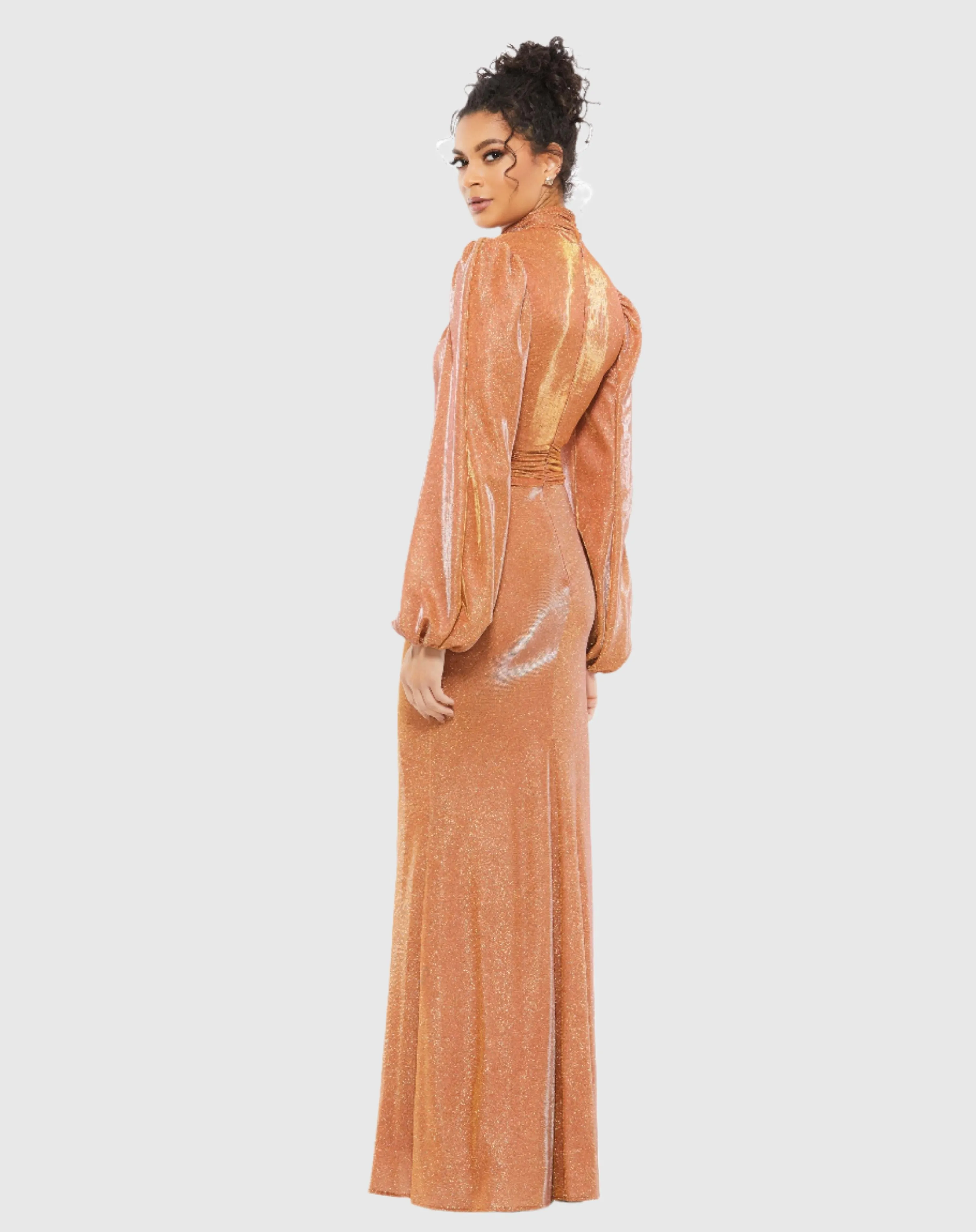 Draped Glitter Fabric High Neck Puff Sleeve Trumpet Gown