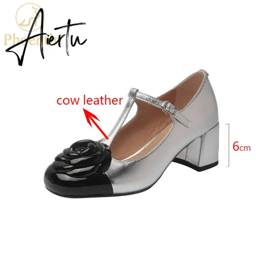 Elegant brand new T-strap mary janes shoes for woman Cow leather Fashion high Heels Party floral pumps silver