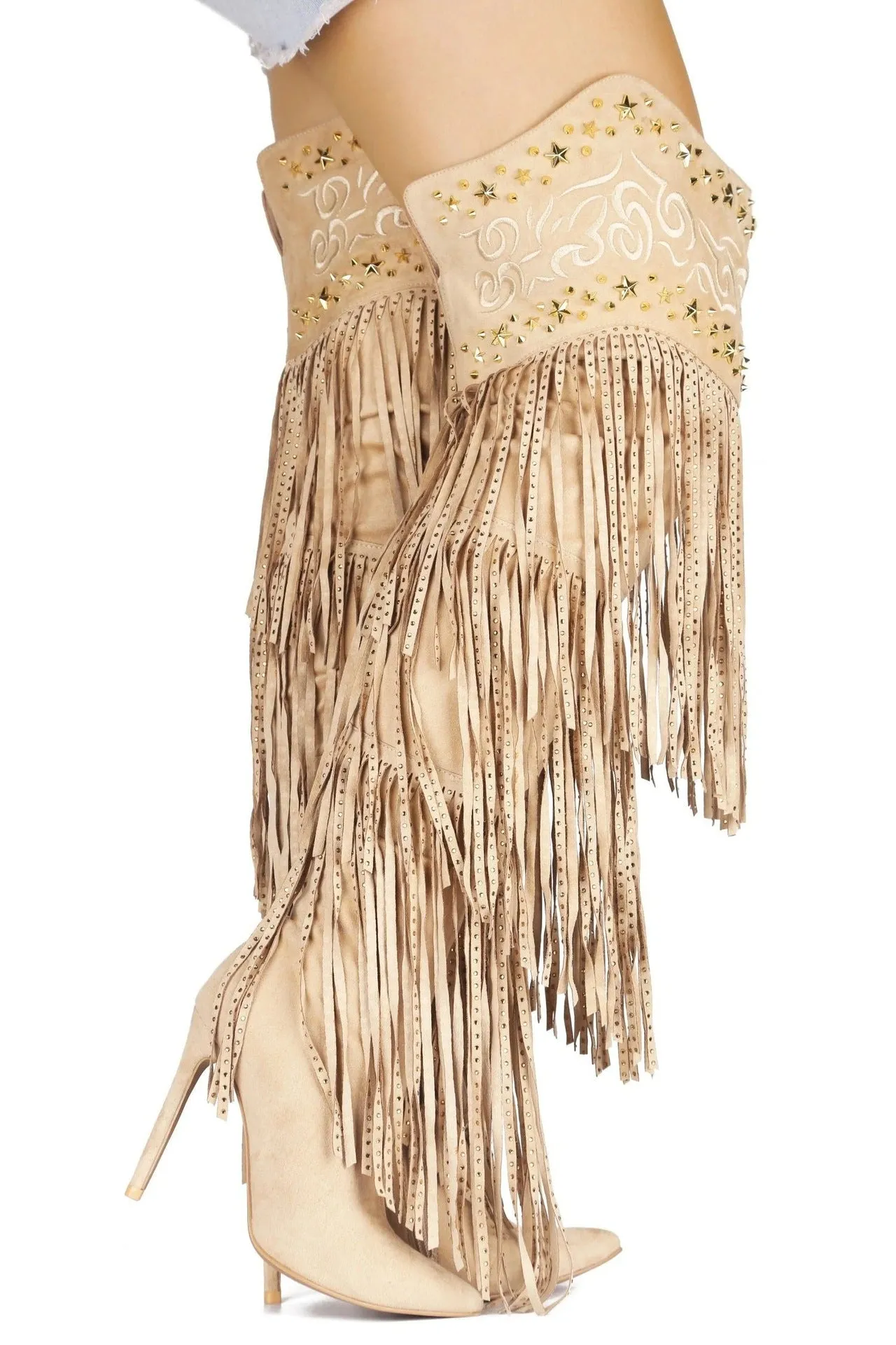 Embellished Fringe Tassels Pointed Toe Thigh High Boots