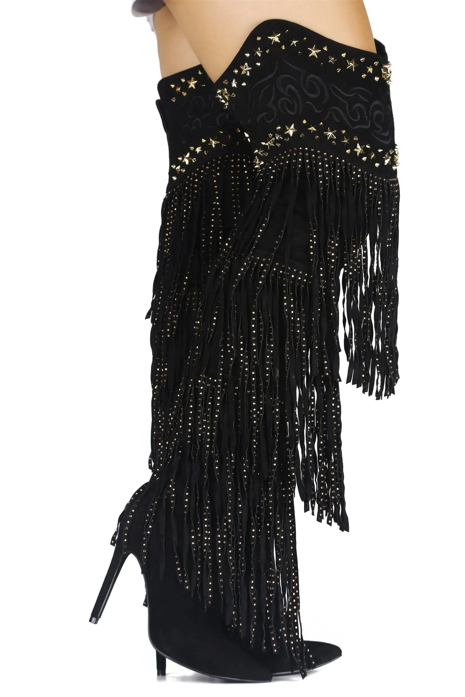 Embellished Fringe Tassels Pointed Toe Thigh High Boots