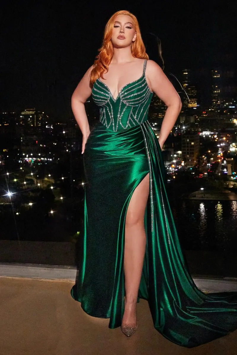 Embellished Satin Sheath Leg Slit Gown by Cinderella Divine CDS440C - Special Occasion/Curves