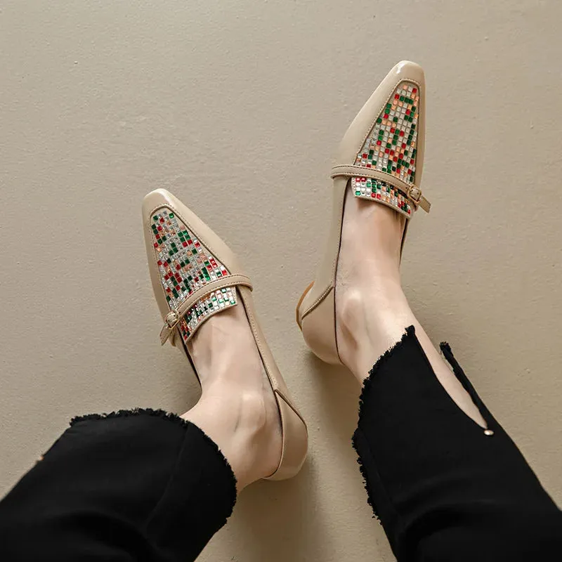 Embellished Square Toe Low Heel Shoes