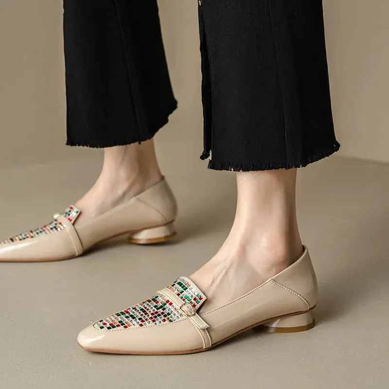 Embellished Square Toe Low Heel Shoes