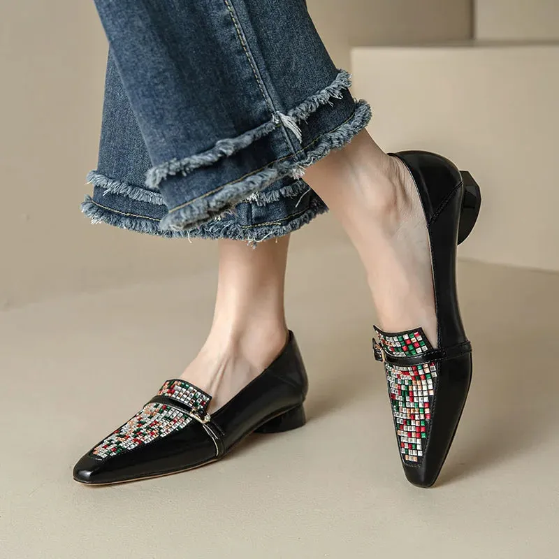 Embellished Square Toe Low Heel Shoes