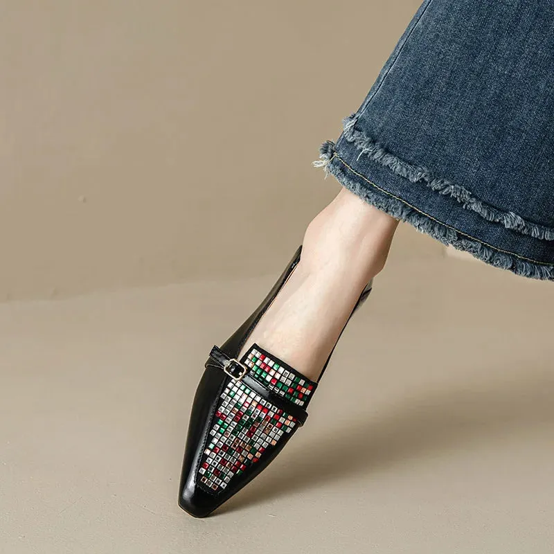 Embellished Square Toe Low Heel Shoes