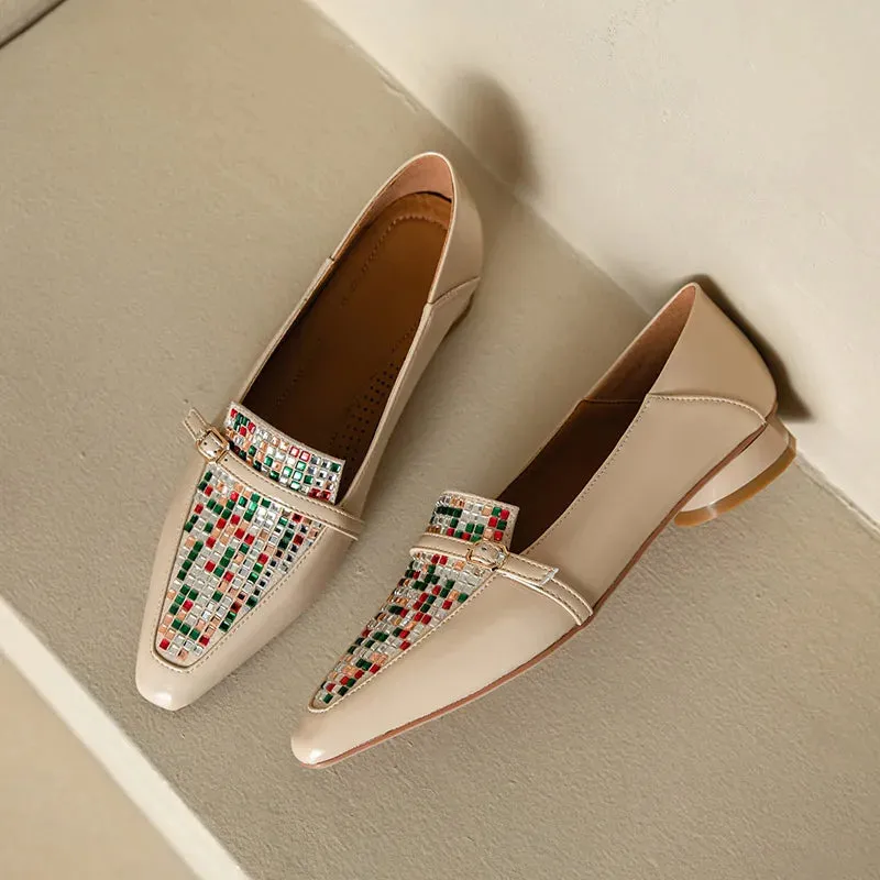 Embellished Square Toe Low Heel Shoes