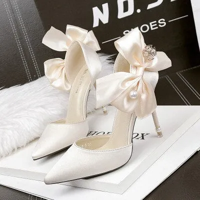 Fashion pointed satin high heels bow sexy pearl sandals stiletto shallow mouth wedding shoes