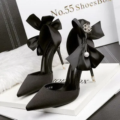 Fashion pointed satin high heels bow sexy pearl sandals stiletto shallow mouth wedding shoes