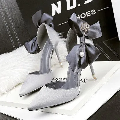 Fashion pointed satin high heels bow sexy pearl sandals stiletto shallow mouth wedding shoes