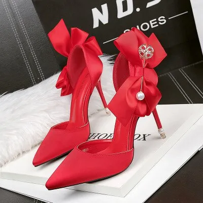 Fashion pointed satin high heels bow sexy pearl sandals stiletto shallow mouth wedding shoes