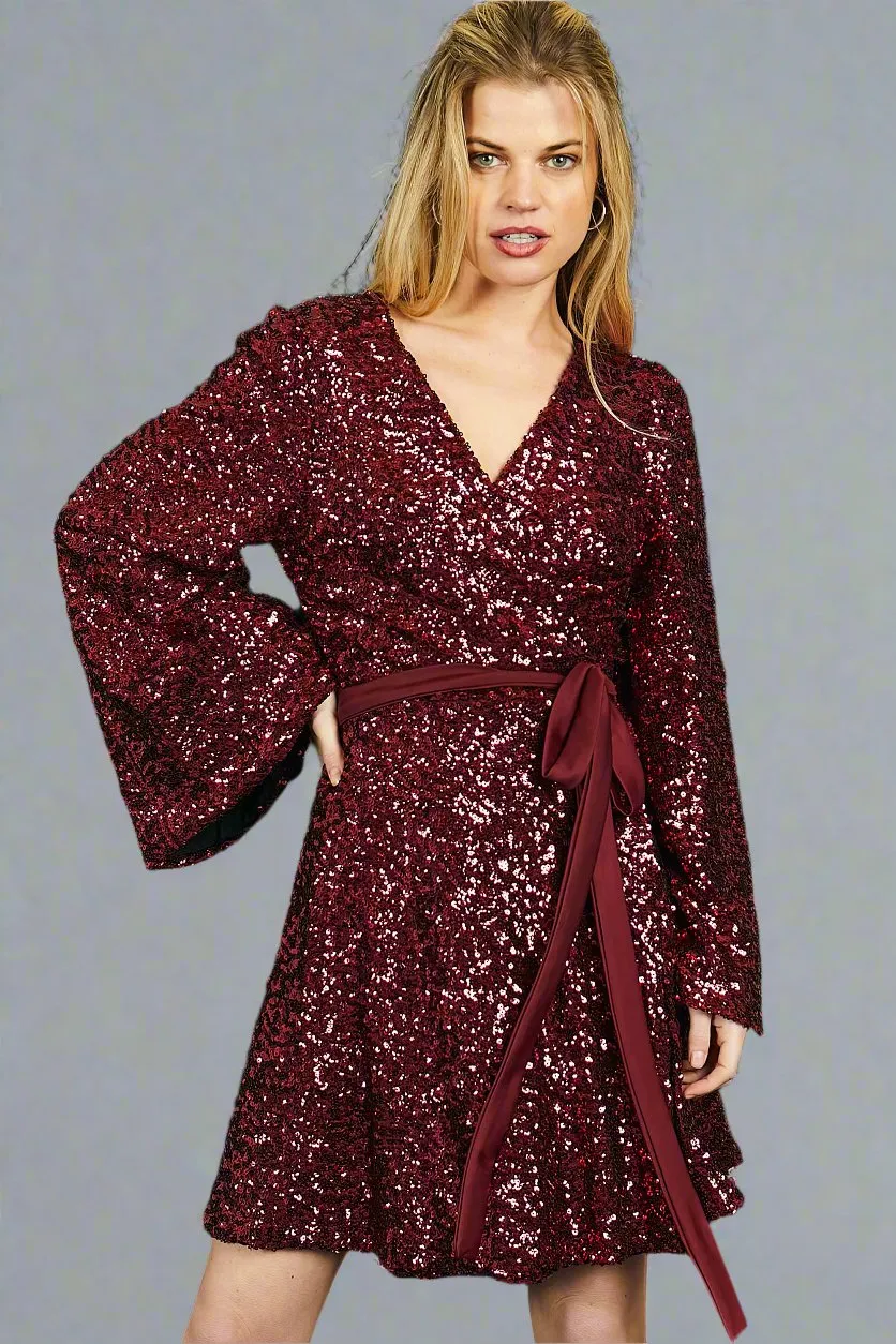 Flared Sleeve Mini Wrap Dress in Dark Red Sequin | Sierra