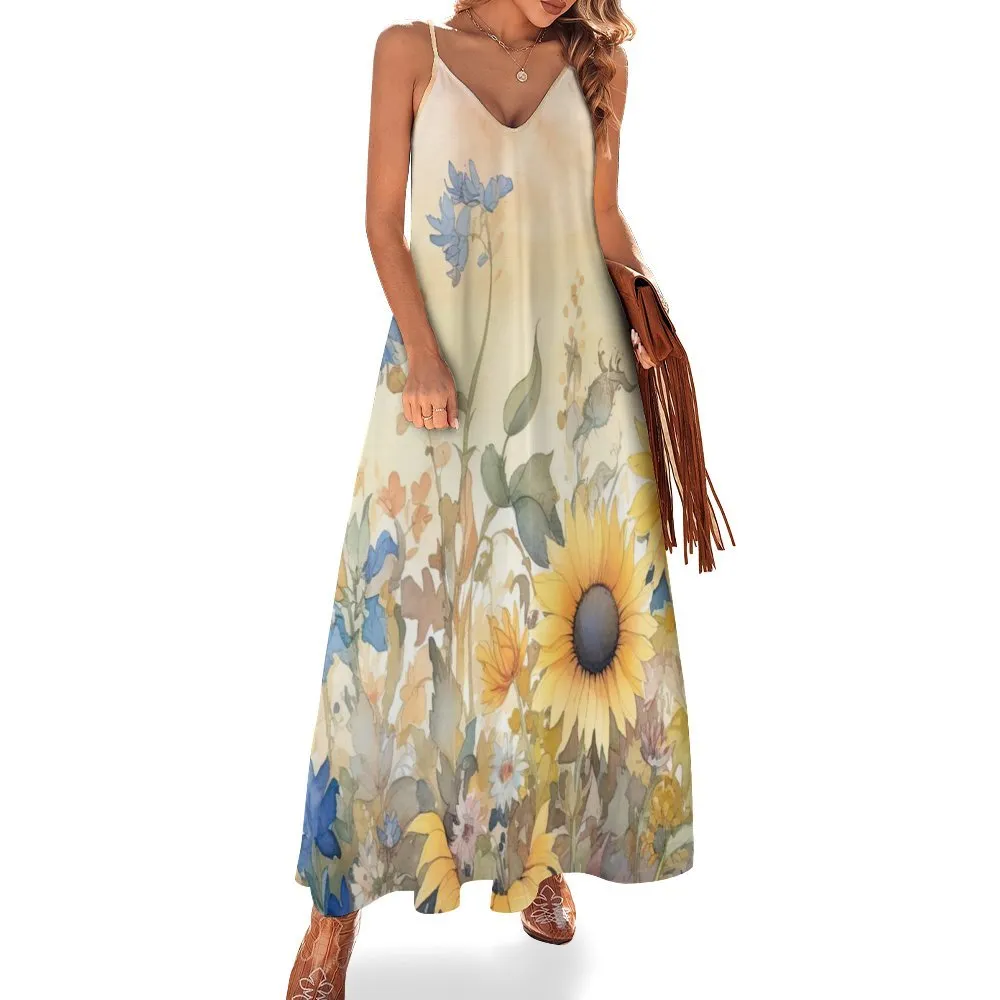 Floral Sunflower Spaghetti Strap Ankle-Length Dress Long dress